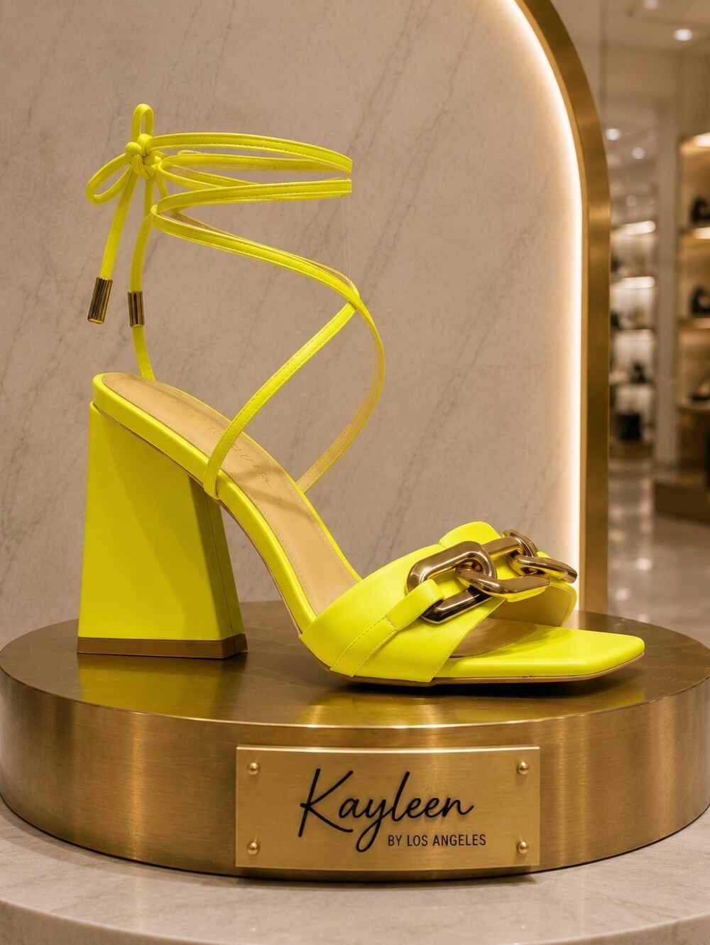 Neon Yellow Lace-Up Triangle Block Heel Sandals
